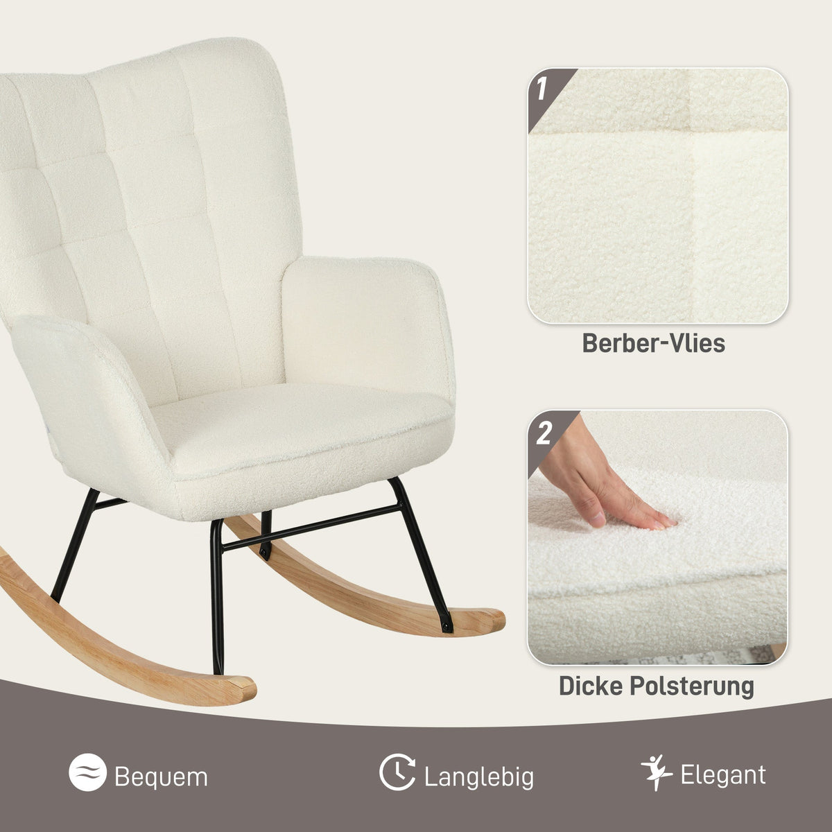 Rocking Chair, Upholstered, Wooden Base, White