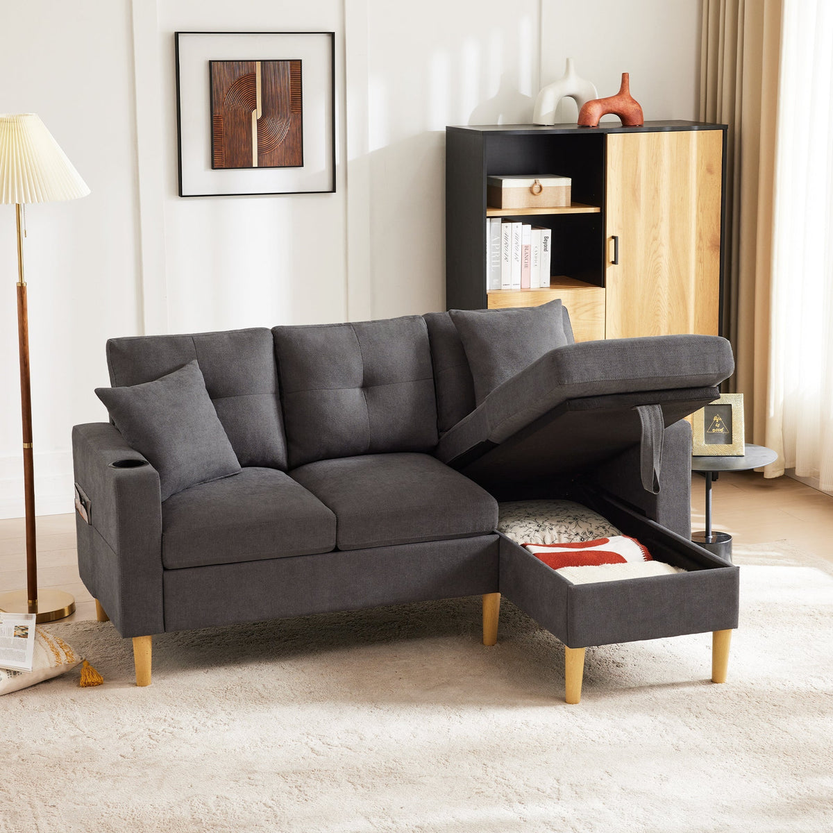 Sofa, L-Shaped Modern 3-Seater with Chaise, Storage, Cup Holder, Pillows