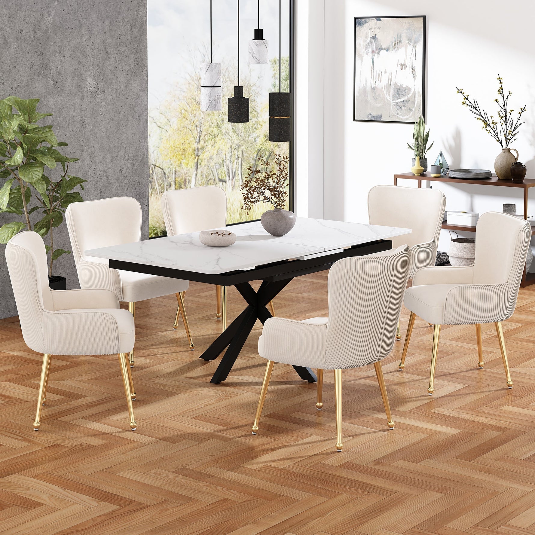 Velvet Dining Chair Set of 4 Gold Metal Legs Armrests Lumbar Support - Beige