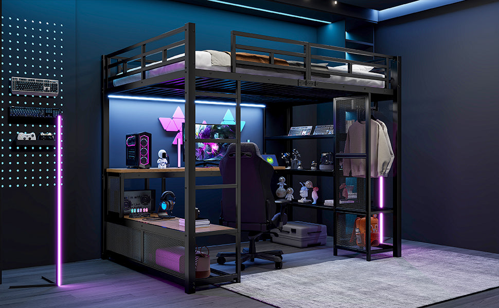 Loft Bed 140x200cm with Storage, Wardrobe & LED, Black Metal