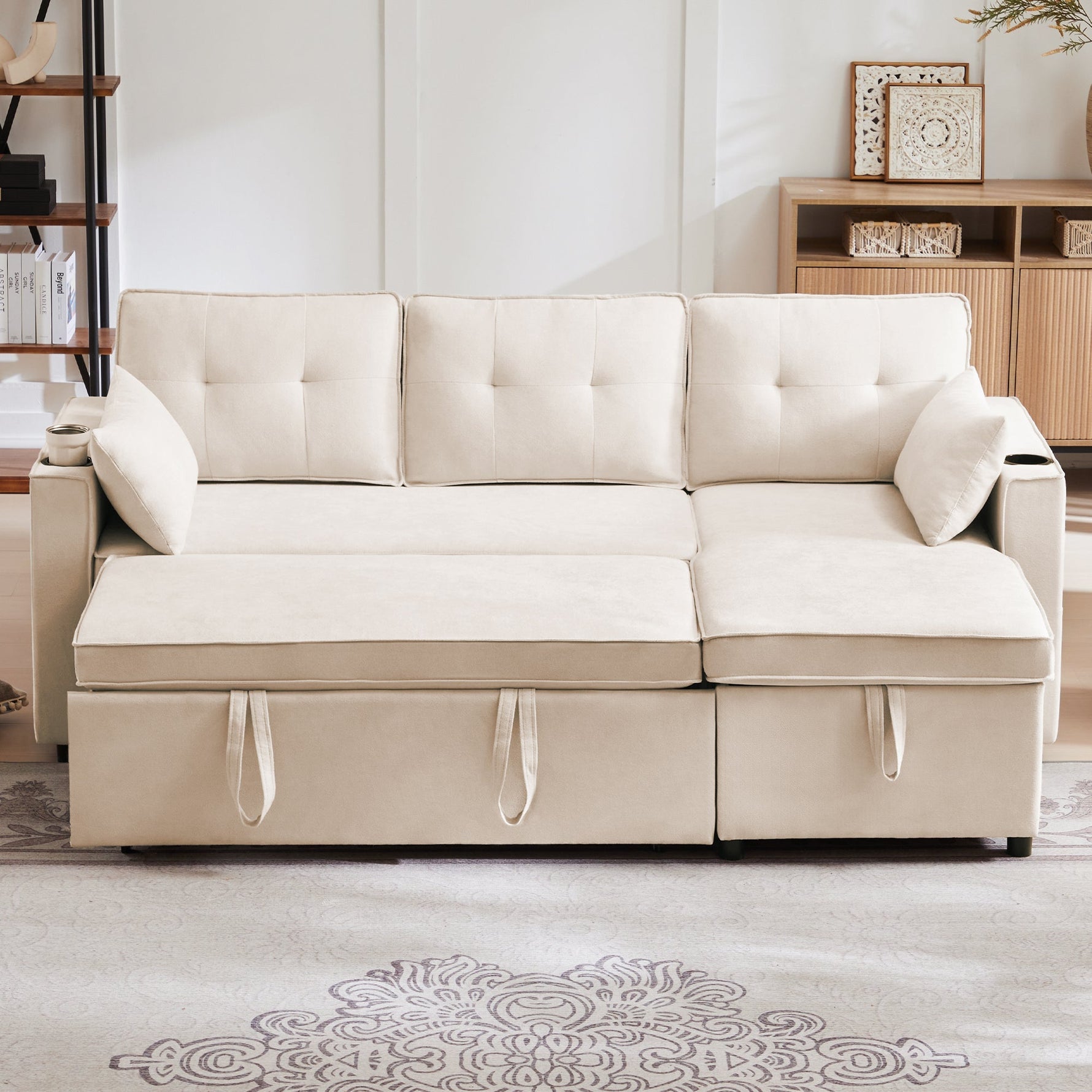 Sofa Bed L-Shaped Sleeping Function Storage Cup Holder Upholstered