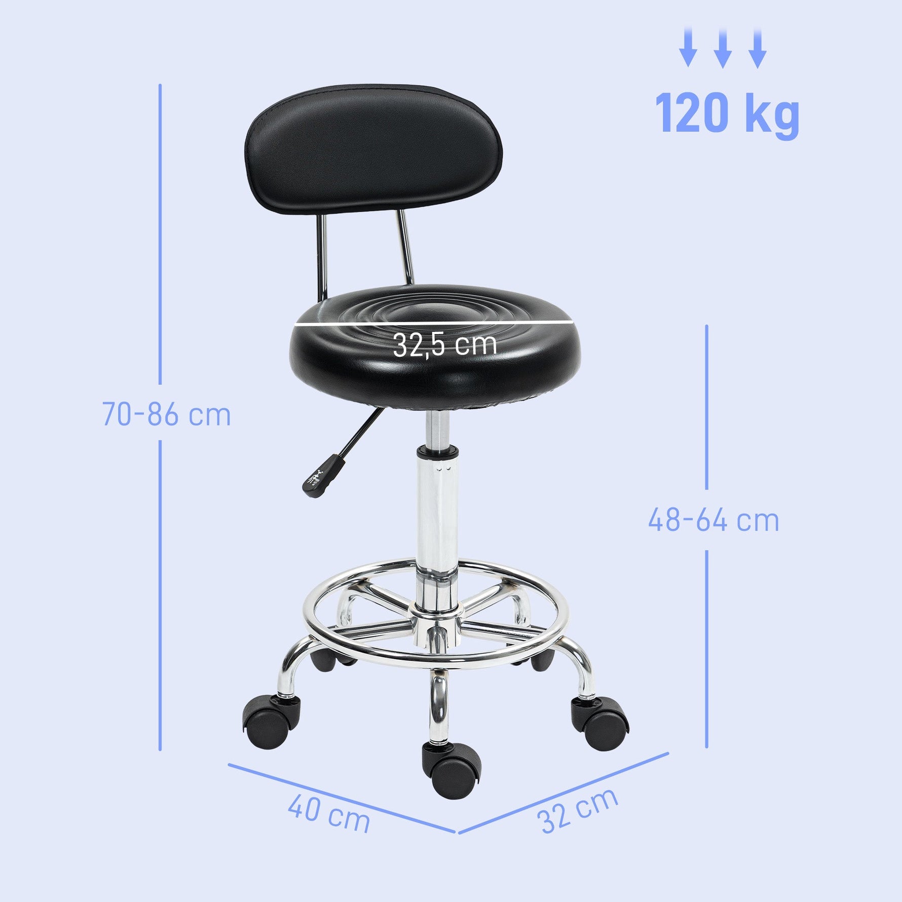 Rolling Stool, Height-Adjustable Swivel with Backrest & Wheels, Faux Leather Black
