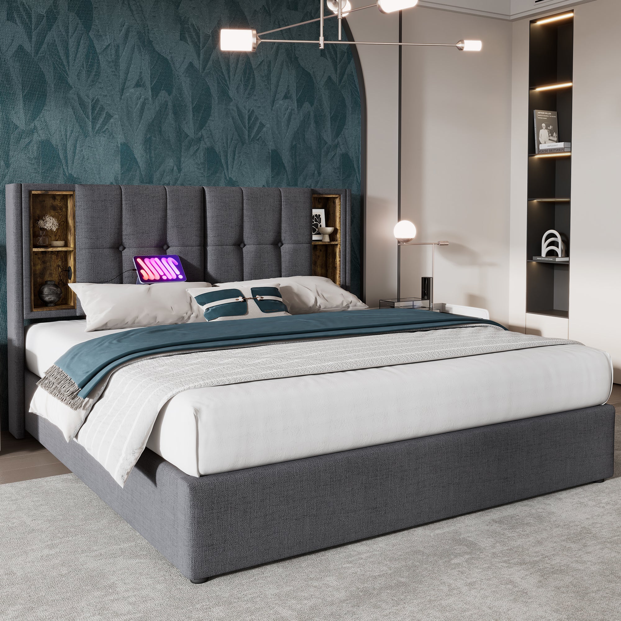 Double Bed with Wireless Charging, Storage, 140x200cm, Grey Cotton