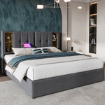 Double Bed with Wireless Charging & Storage, 160x200cm Upholstered, Grey Cotton