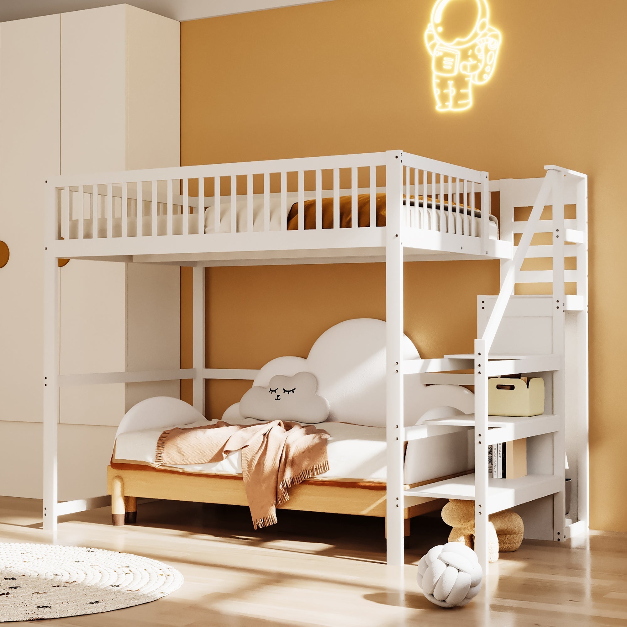 Loft Bed, 140x200 with Stairs, Storage, Wardrobe, White Wood