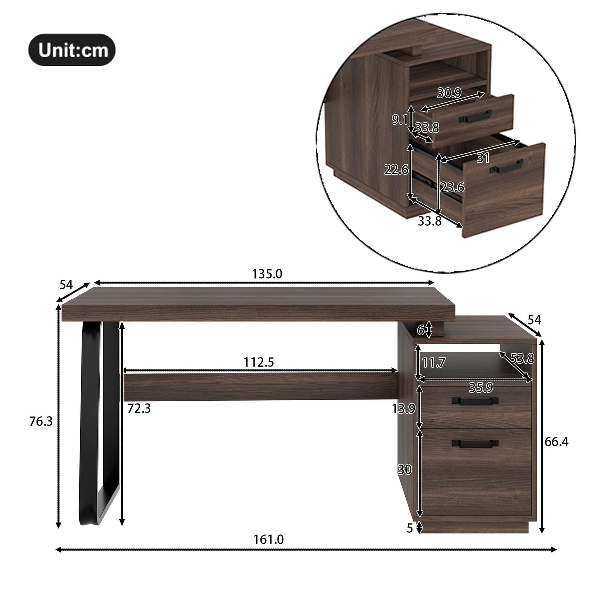 Modern Desk with Multifunctional Storage and Silent File Drawer, MDF and Steel, Brown