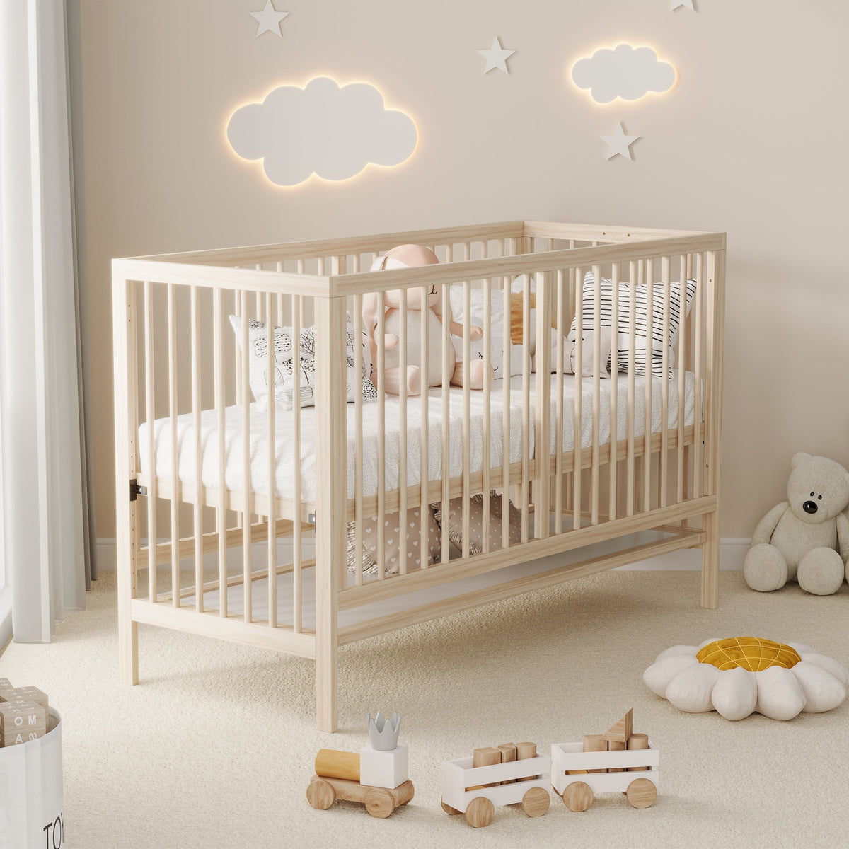 Wooden Baby Bed 140x60cm Multifunctional Convertible Side Bed Desk Height-Adjustable Spruce Natural