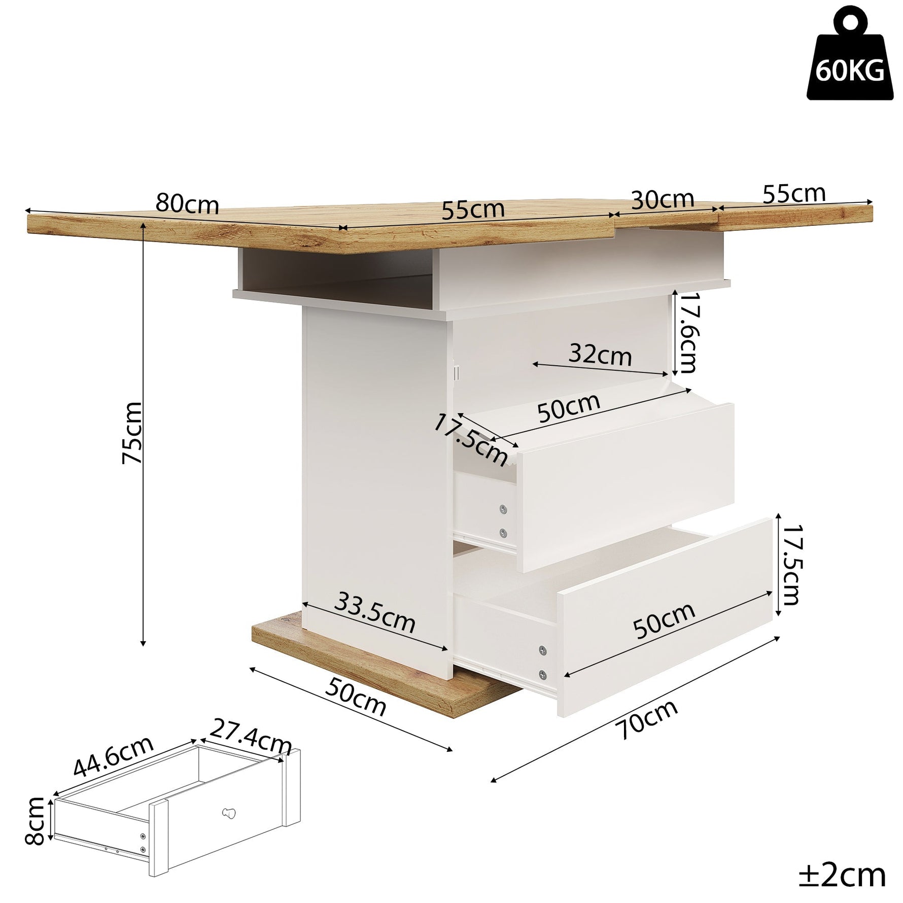 Extendable Telescopic Dining Table with Three Shelves for 4-6 People, White