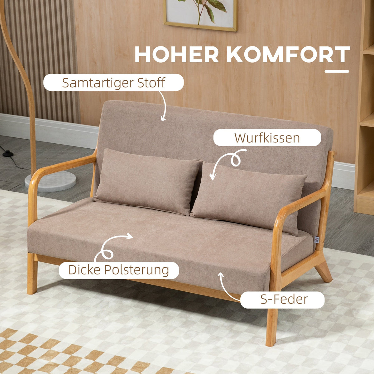 2-Seater Sofa Loveseat, Cushions, Velvet Look, Light Grey