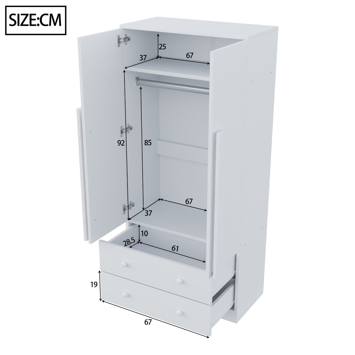 Wardrobe Double Door Drawers Storage 70x40x170cm, White