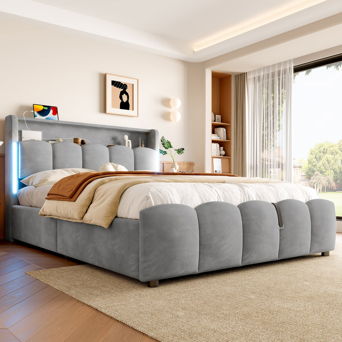 Upholstered Bed 140x200cm Hydraulic Storage LED Headboard USB/Type-C Velvet Grey