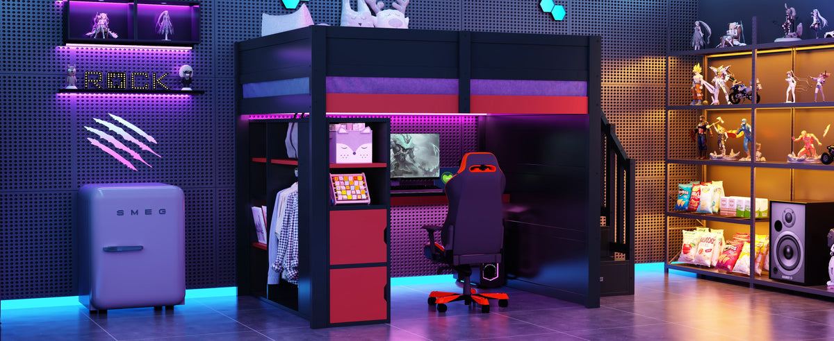 Gaming Wooden Loft Bed with Desk, Multi-Tier Storage, LED Lighting, USB Port and Staircase, Black and Red