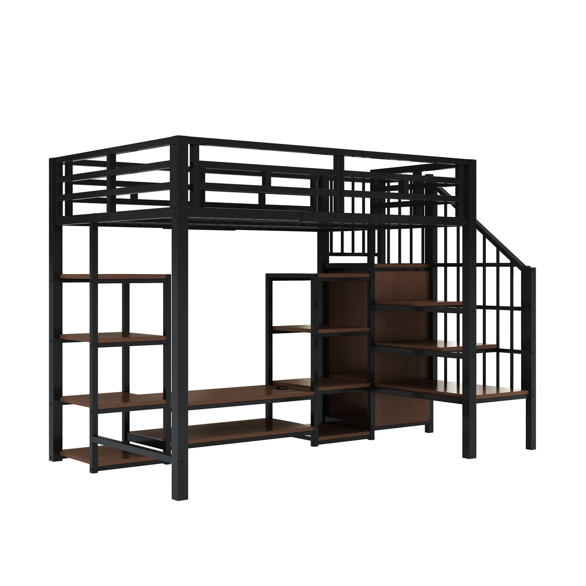 Loft Bed 90x200 with TV Stand, Power Outlet & Ladder, Black