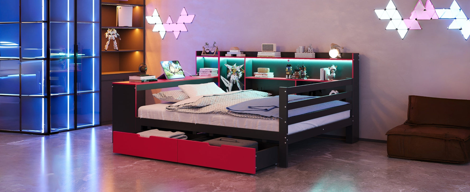 Wooden Sofa Bed with Desk, Bookshelf, Storage and LED, 140x200cm, Black and Red Wood