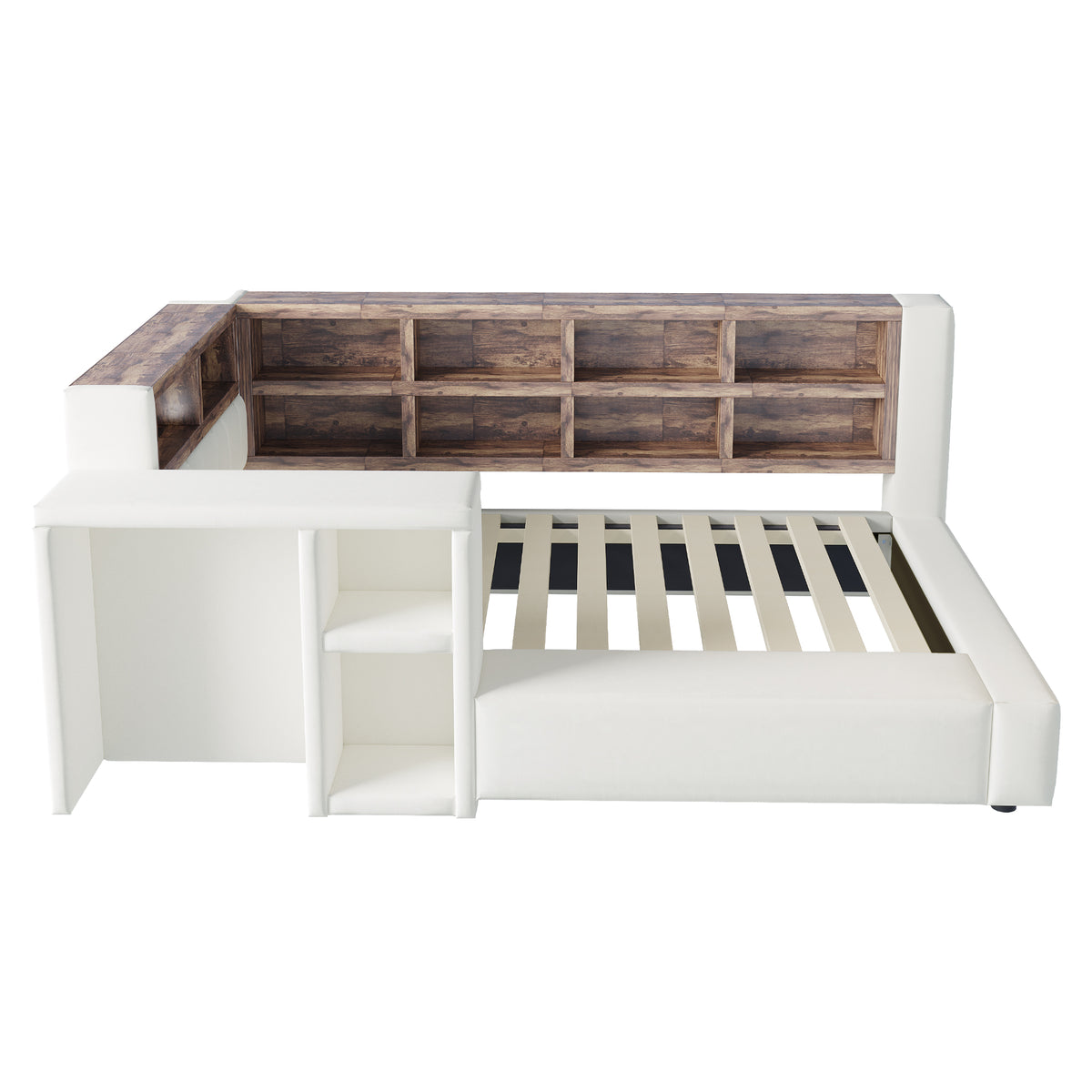 Upholstered Bed 90x200cm with Storage & LED Light, Beige