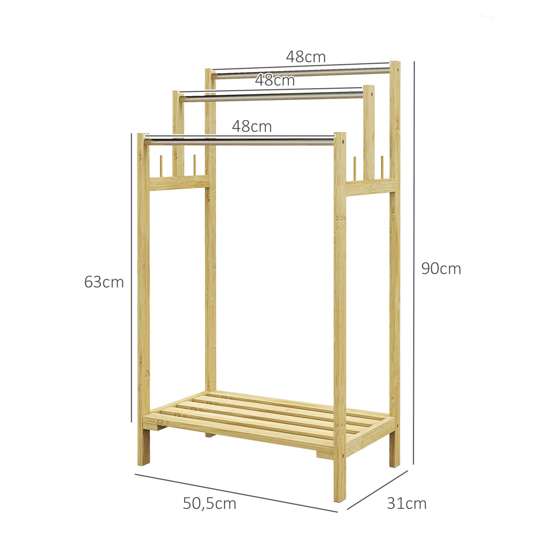 Freestanding Towel Rack Stand with 4 Hooks 3 Bars for Bathroom, Bamboo Natural