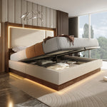Double Upholstered Bed 140x200 with LED & Storage, Beige Linen