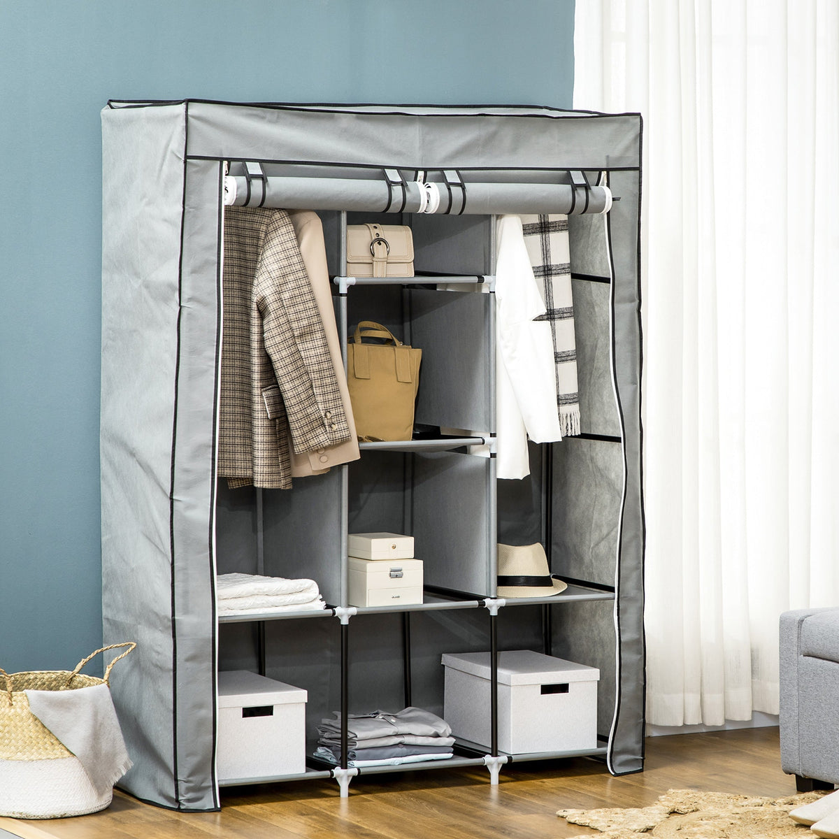 Fabric Wardrobe, Foldable Clothes Rails 8 Tiers, Light Grey