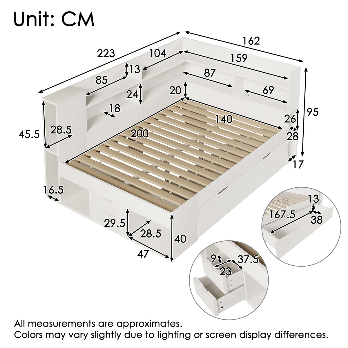 Functional Daybed 140x200cm with LED Light & Storage Drawers, White