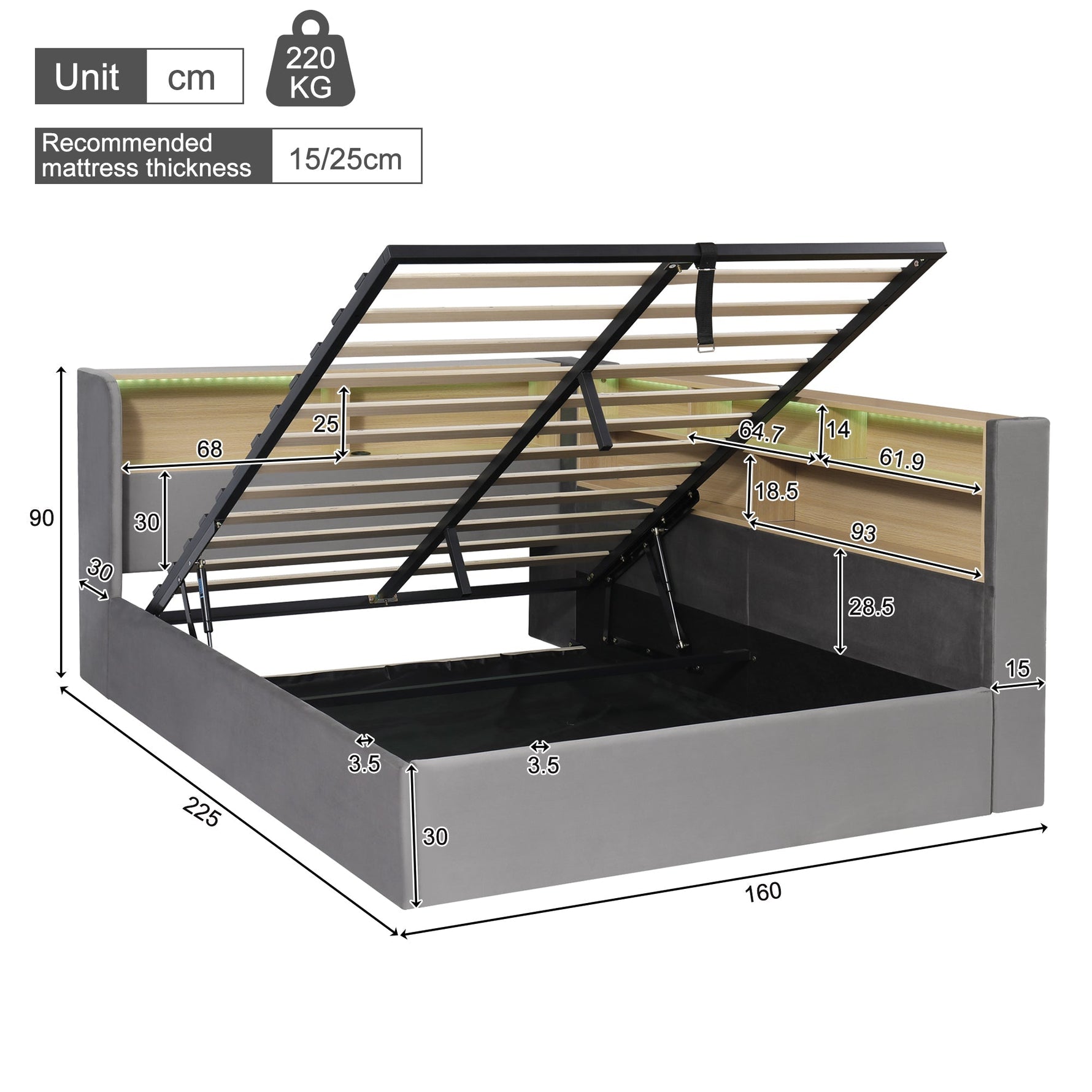 Daybed with Hydraulic Storage, LED, USB and Backrest, Grey Velvet