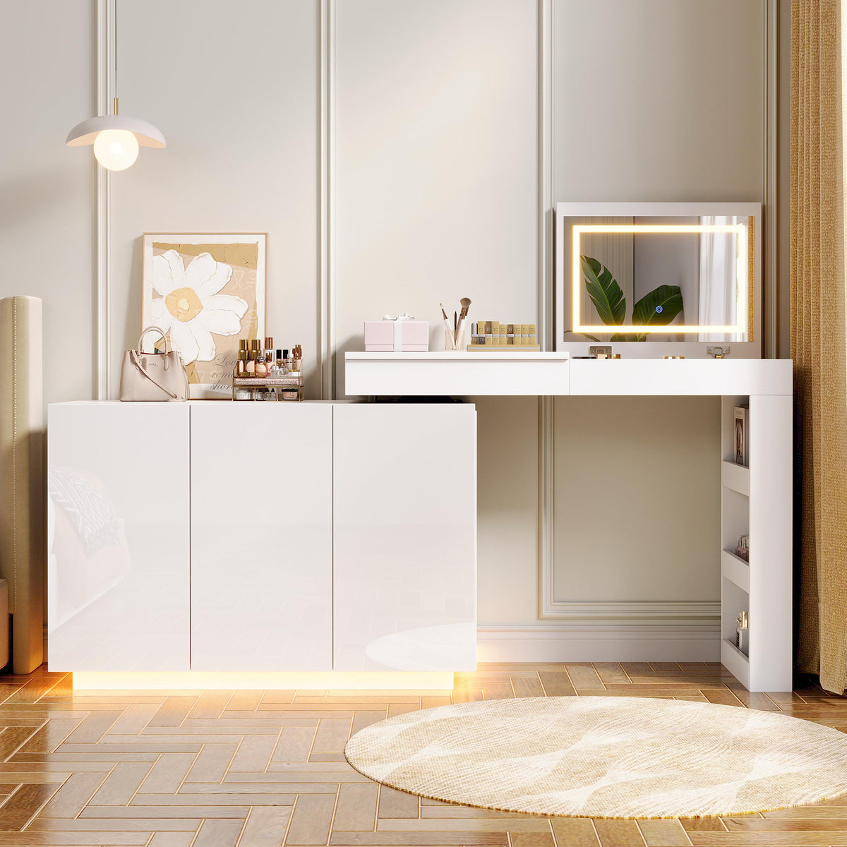 L-Shaped Rotating Vanity Table with LED Lighting, High-Gloss White