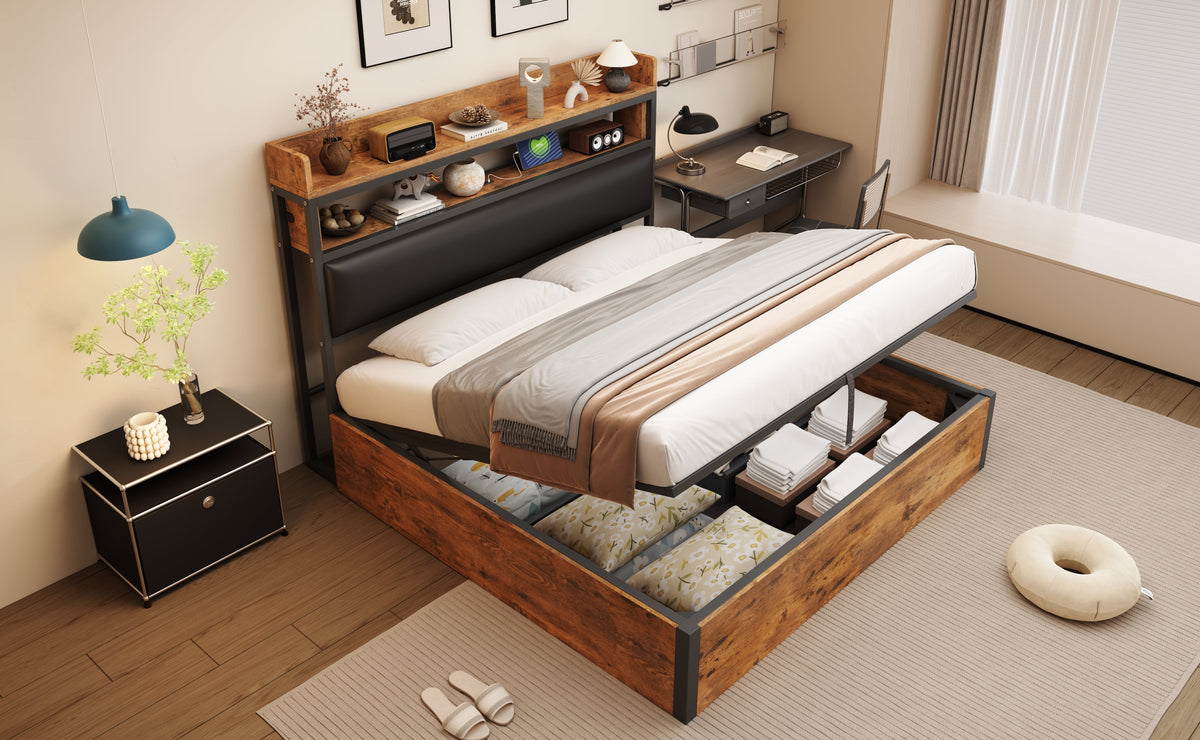 Bed Frame, 180x200, Hydraulic Lift, USB, Upholstered Headboard, Wood & Metal, Black