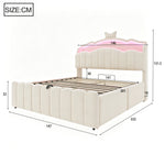Upholstered Children Bed 140x200 Storage & LED, Beige Velvet