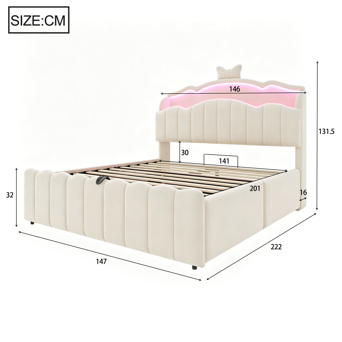 Upholstered Children Bed 140x200 Storage & LED, Beige Velvet