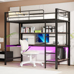 Loft Bed with Desk, LED Lights, USB and Power Outlet, Black Metal