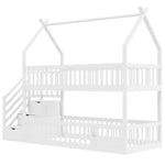 Children's Bunk Bed, 90x200, with Roof, Safety Ladder & Storage Drawers, Solid Wood White