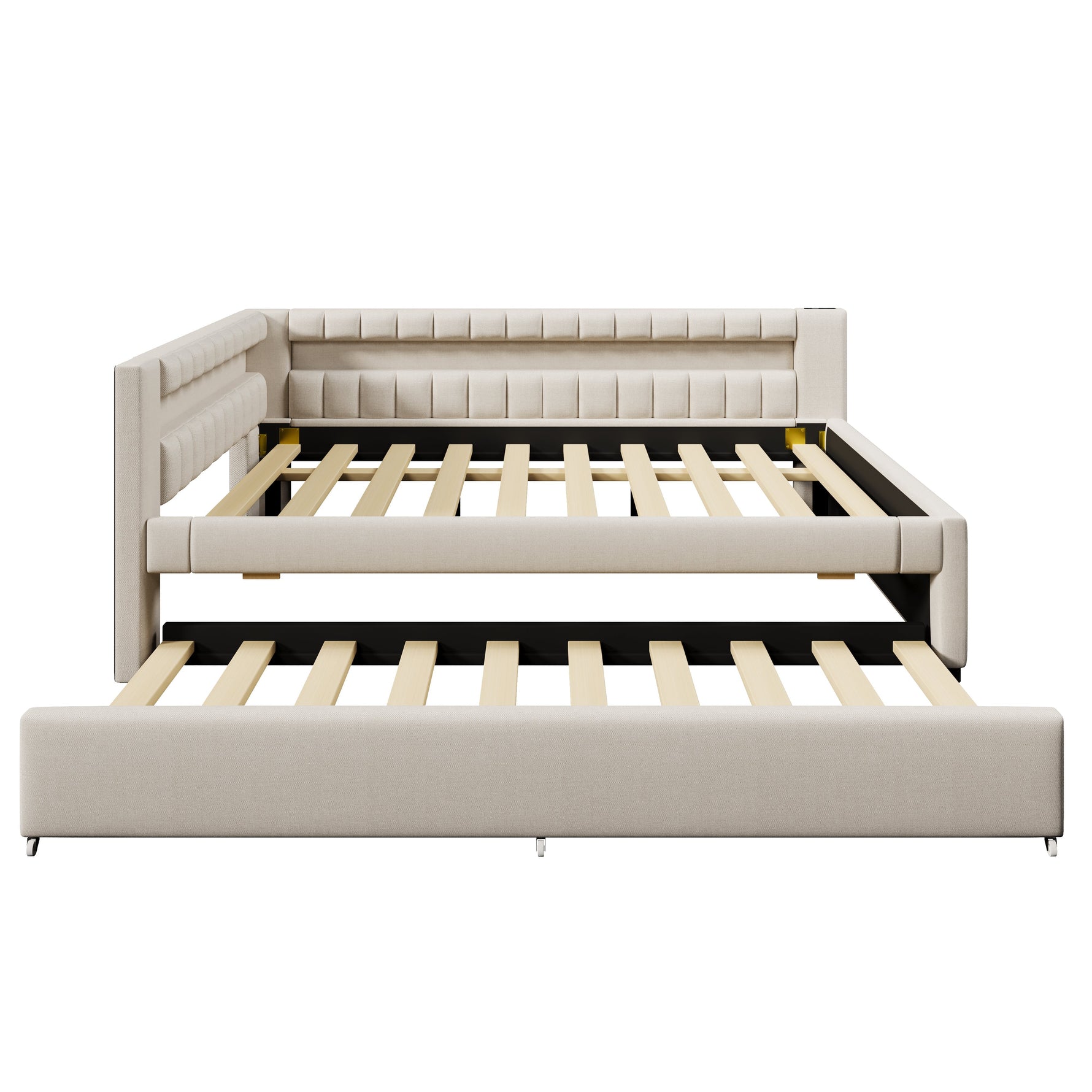 Daybed with Pull-Out Bed, LED Light Strip and USB Ports, Beige Linen