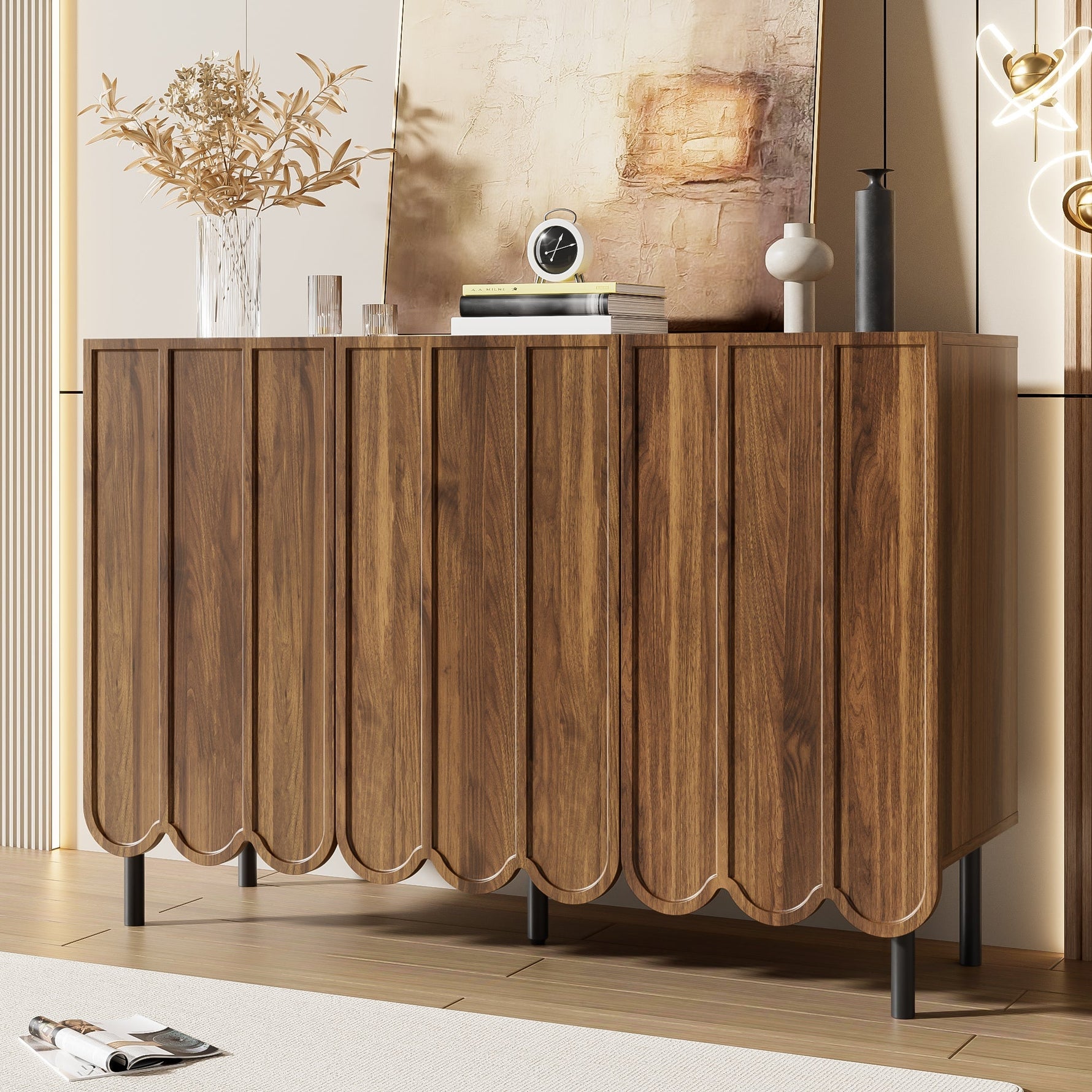 Sideboard - Wave Doors, Handleless, Adjustable Shelves, 120x35x80 cm - Wood