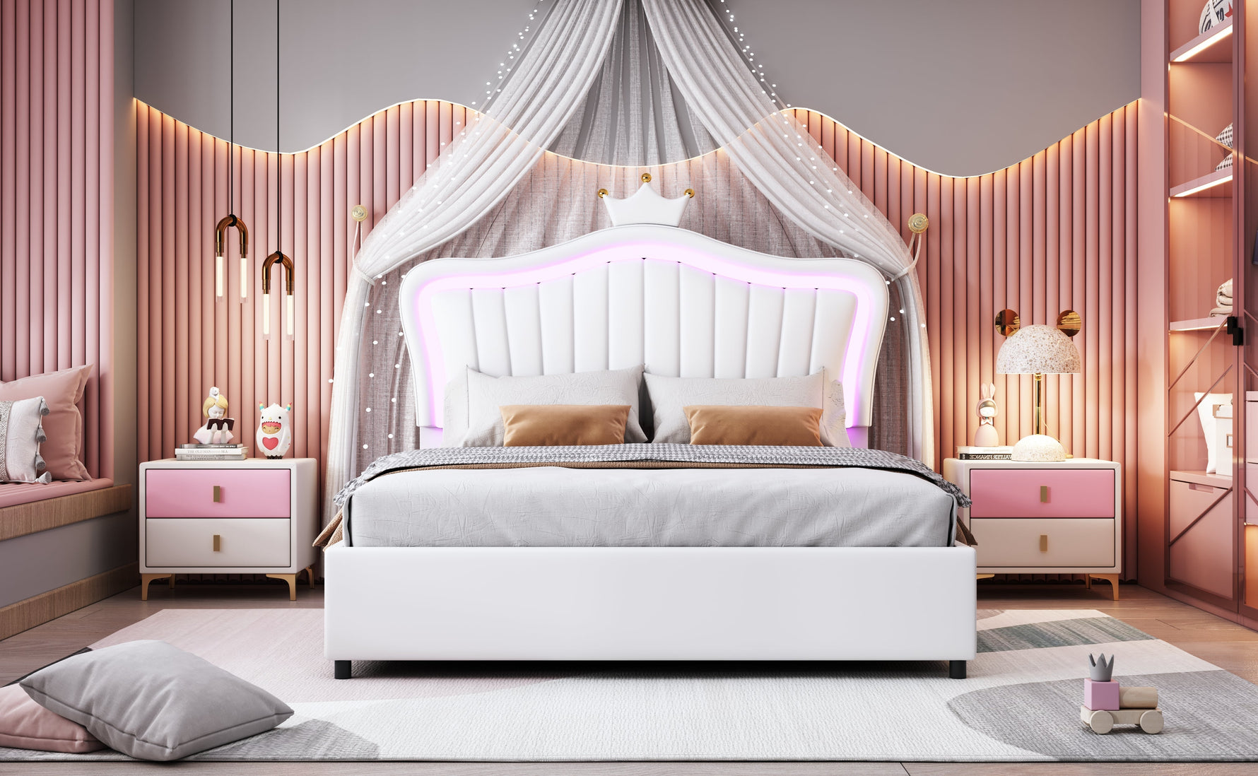 Children's Bed, Upholstered Hydraulic Storage with LED Lights, White PU Leather