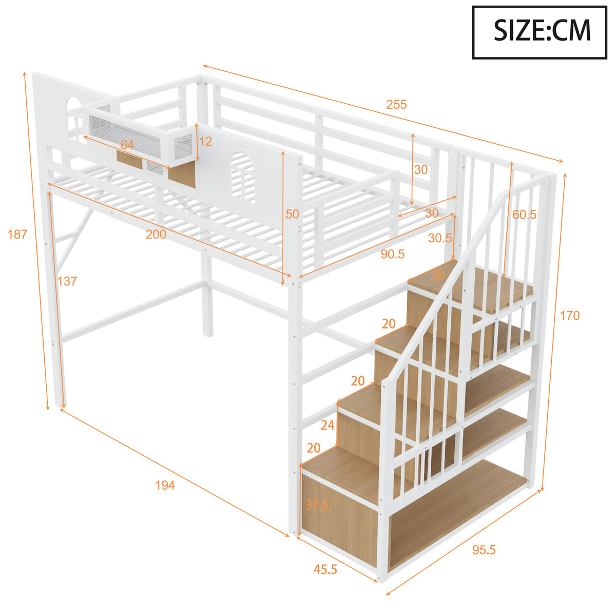 Metal Loft Bed 90x200cm with Storage Ladder & Light Strip, White