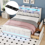 Upholstered Bed 140x200cm App Control LED Drawers USB/Sockets - Linen Beige
