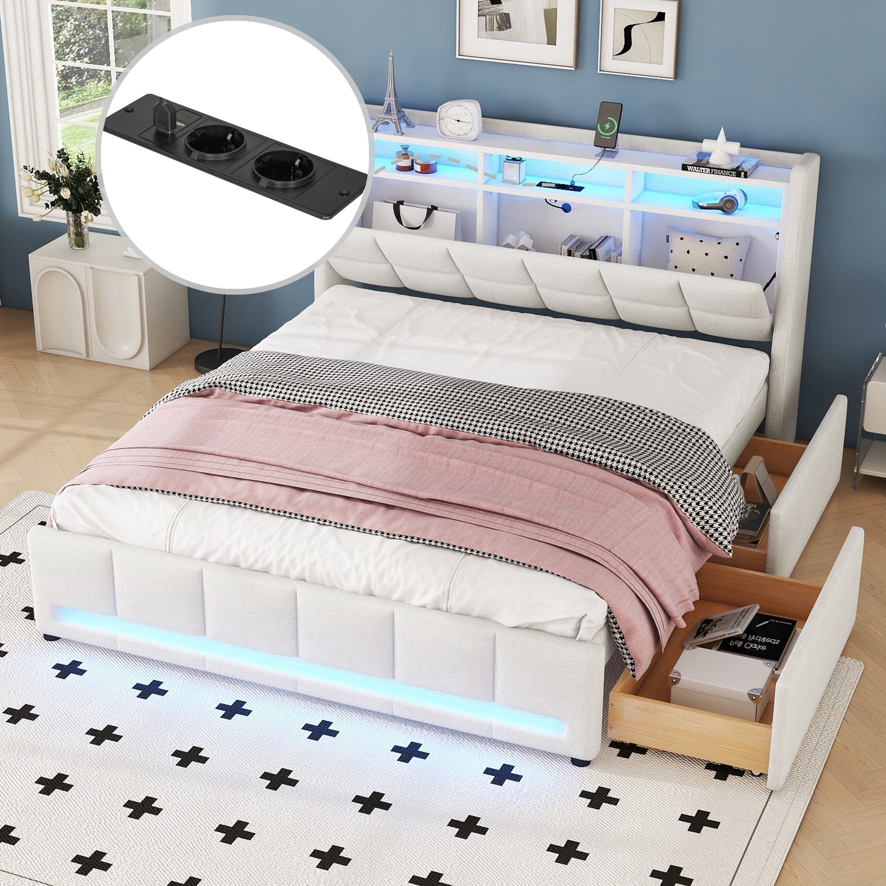 Upholstered Bed 140x200cm App Control LED Drawers USB/Sockets - Linen Beige