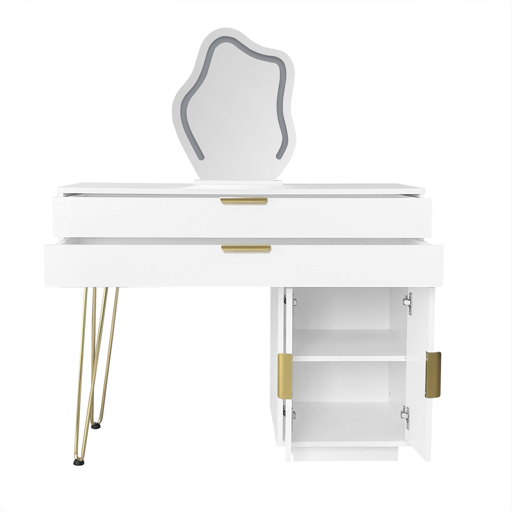 Dressing table with LED-lit mirror, extendable design, white
