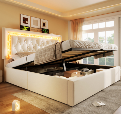 Upholstered Double Bed 160x200cm LED USB/Type-C Hydraulic Storage - Beige Velvet