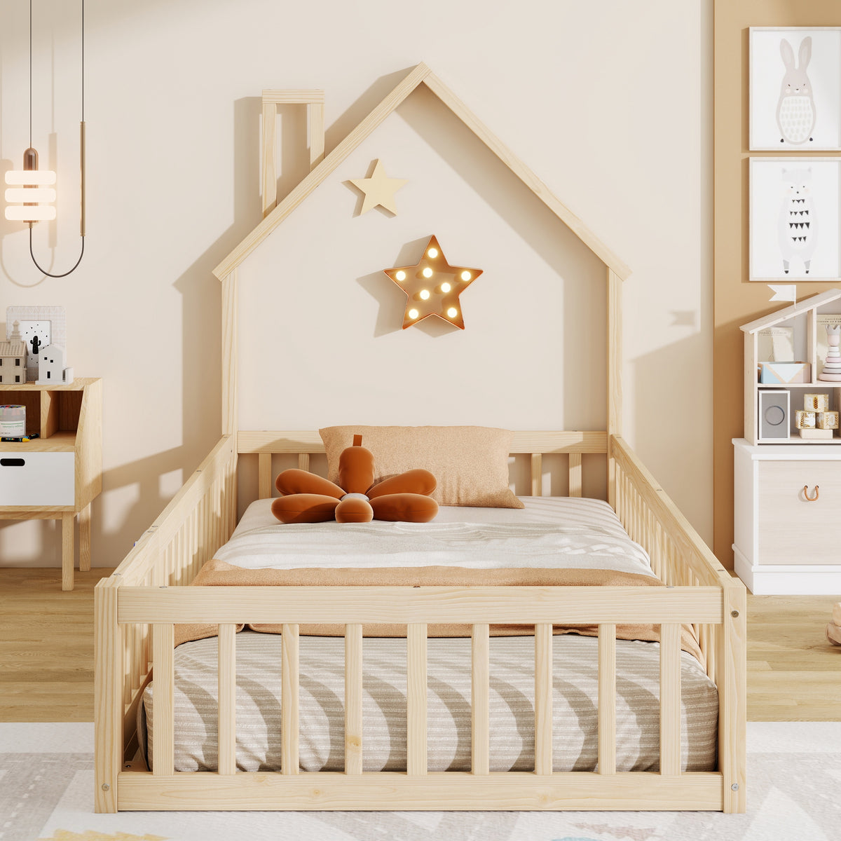Children's House Bed 90x200 cm Chimney Shape, Natural Pine Wood