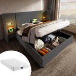 Upholstered Double Bed 160x200, with Bedside Table, Lamp, USB Type-C, Gray Linen