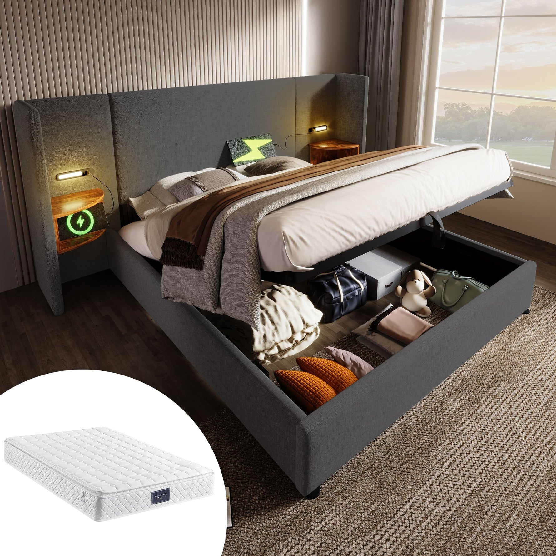 Upholstered Double Bed 160x200, with Bedside Table, Lamp, USB Type-C, Gray Linen