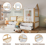 Children's Bed, Half-Height House Bed with 4 Drawers & Stairs, Pine+MDF+Plywood, White+Natural, 90x200cm