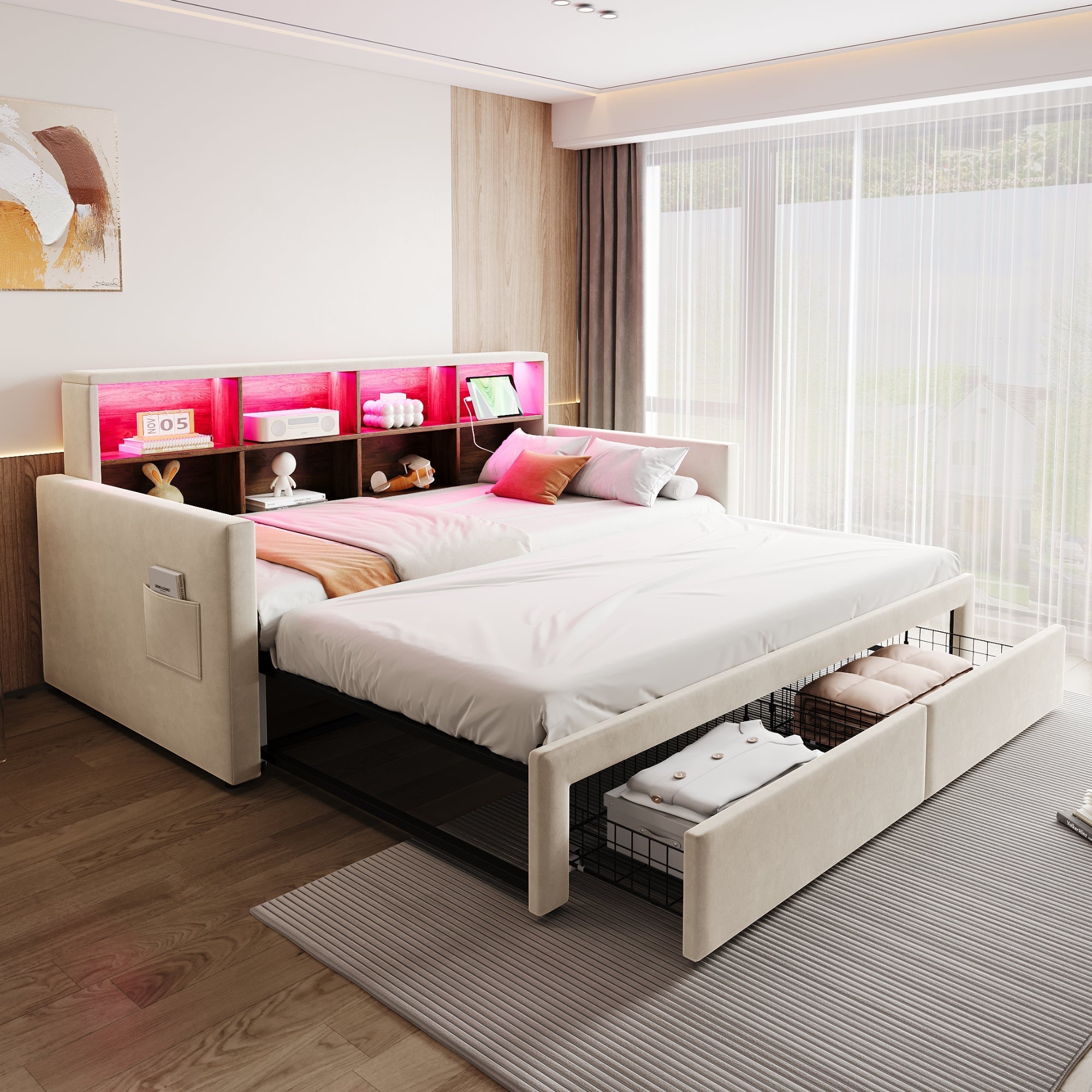 Extendable Upholstered Sofa Bed with LED Headboard, Storage and USB Charging, Beige Velvet