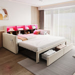 Extendable Upholstered Sofa Bed with LED Headboard, Storage and USB Charging, Beige Velvet