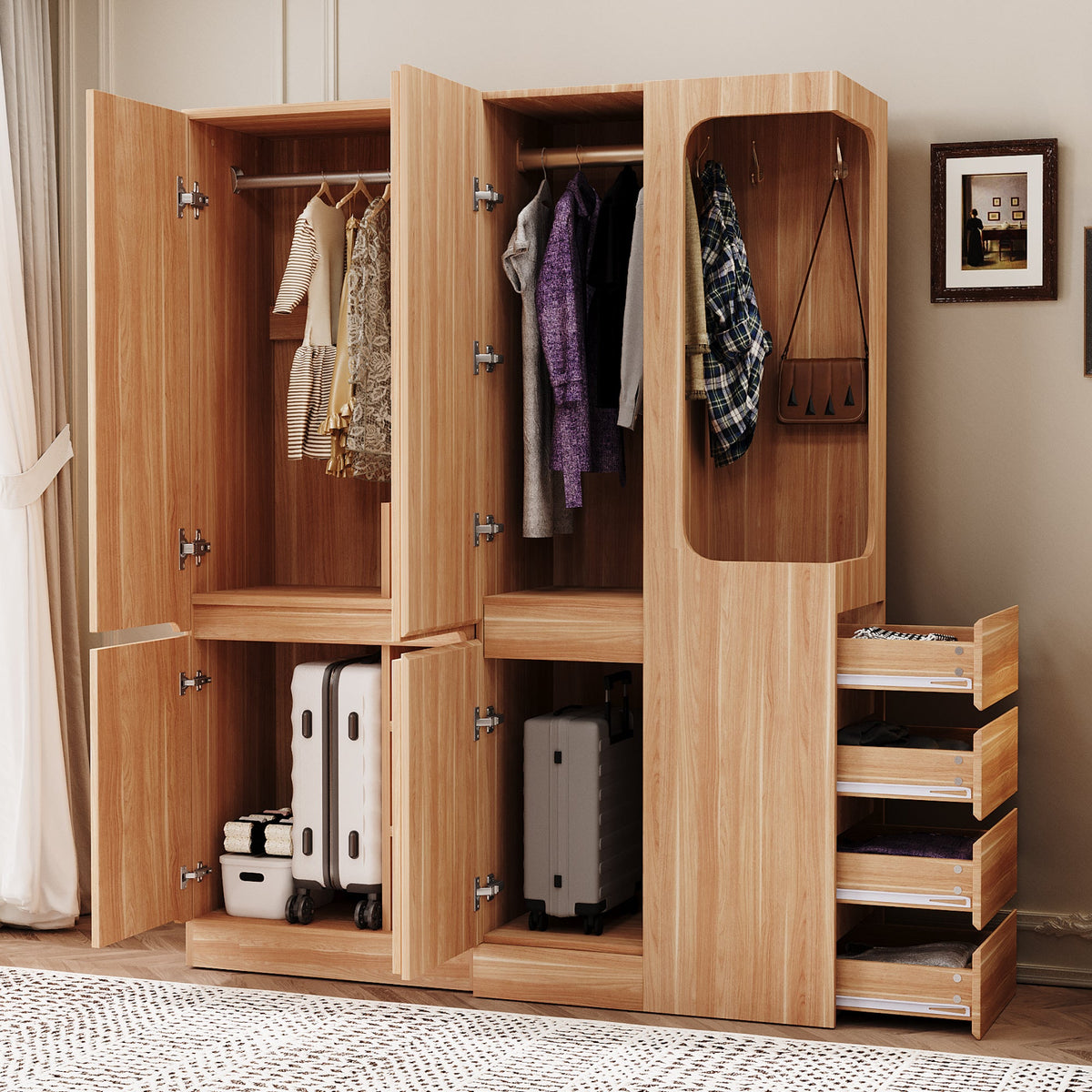Extra-Large Wardrobe 140x40x170cm with Drawers, Storage, Open Area, Wood Color