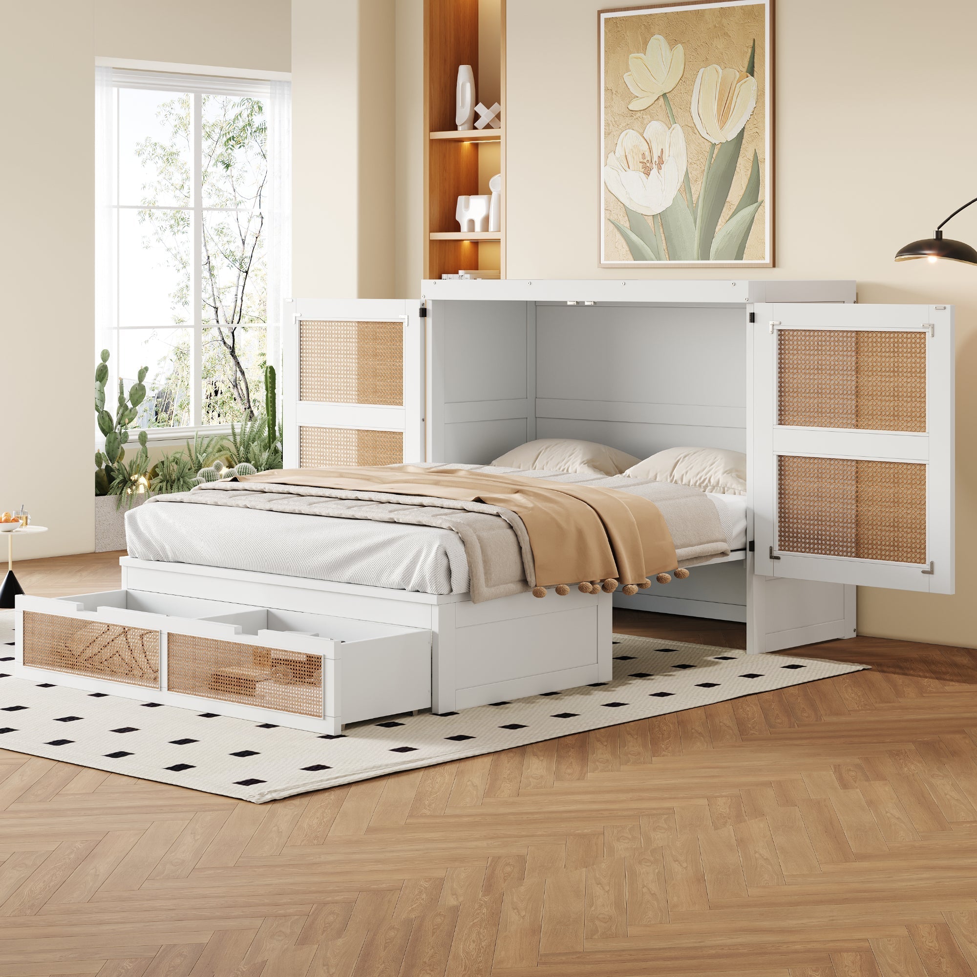 Wall Bed 140x200cm, Vertical with Slatted Frame & Storage Drawers, Rattan Design White