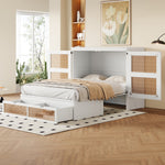Wall Bed 140x200cm, Vertical with Slatted Frame & Storage Drawers, Rattan Design White