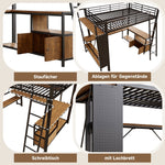 Loft Bed 90x200cm Iron Frame with Desk LED Light Storage Pegboard USB Black
