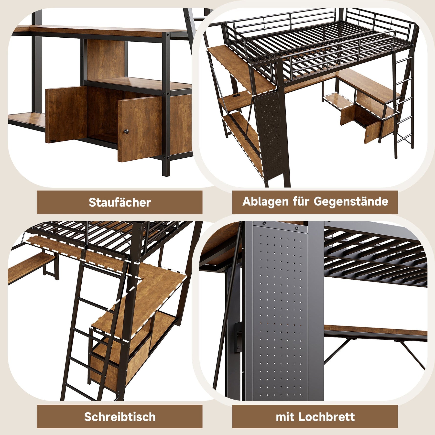 Loft Bed 90x200cm Iron Frame with Desk LED Light Storage Pegboard USB Black