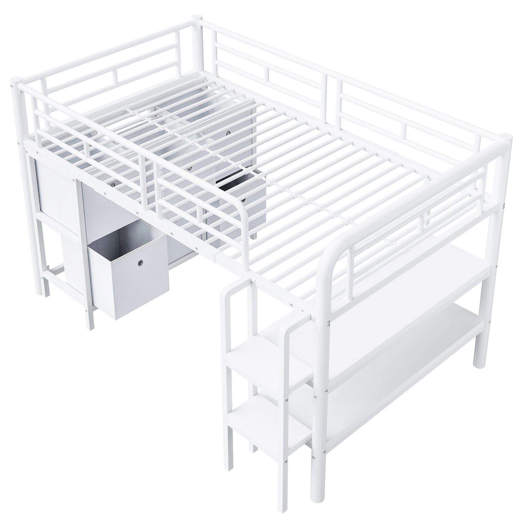 Children's Loft Bed 90x200 with Storage Stairs and Drawers, White Metal